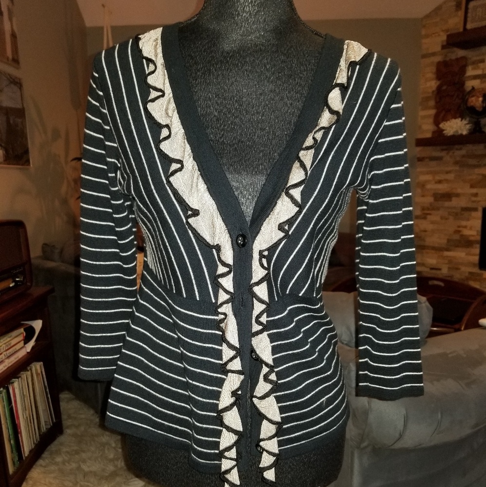 CAbi THE FLIRT Ruffle Striped Cardigan